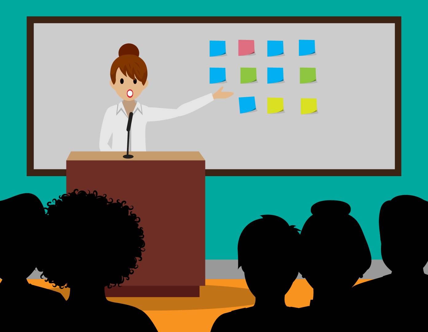 An analyst presents the results of an investigation to other analysts, incident managers and legal counsel, pointing to a white board with different color sticky notes.