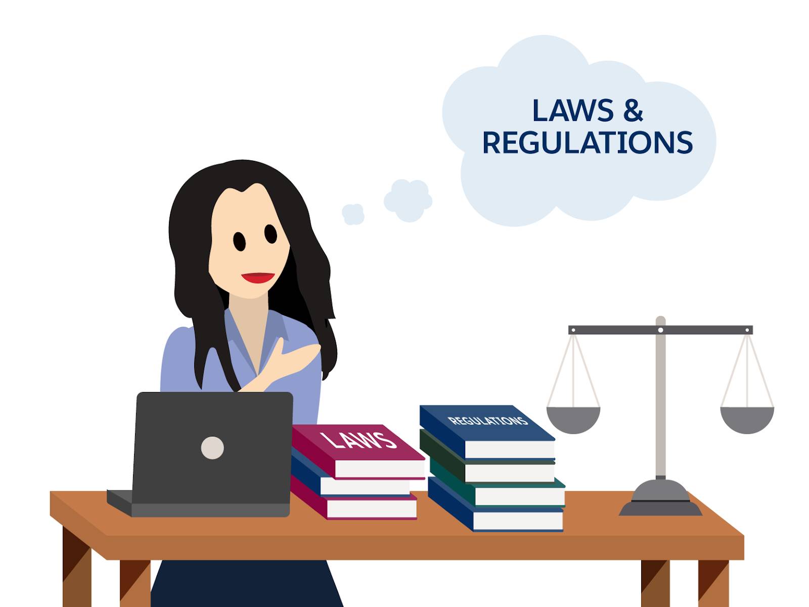 A person at a desk with a stack of books and a justice scale—one book says laws and the other says regulations.