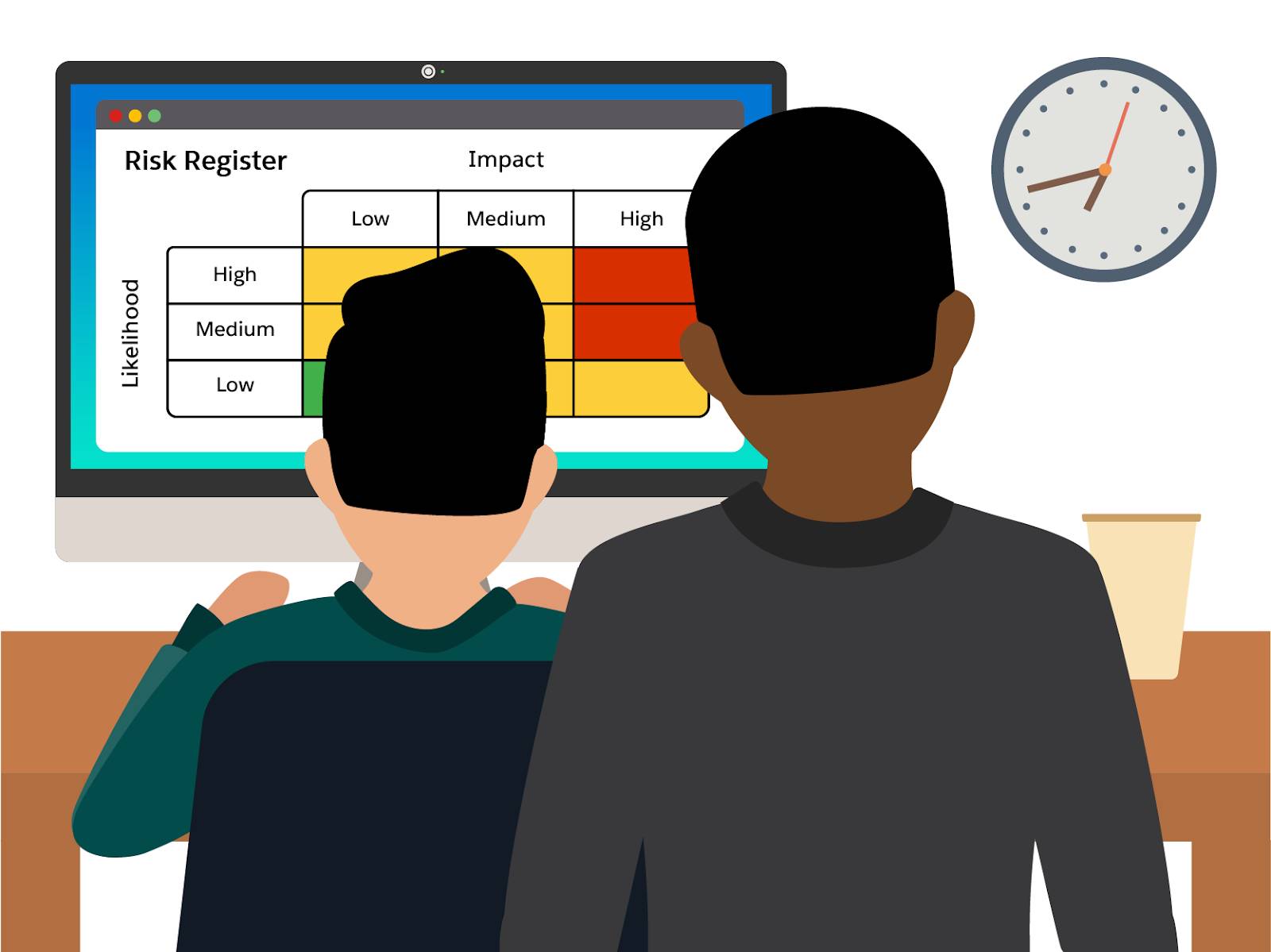 An executive cyber leader looking over the shoulder of an analyst who is monitoring a chart that shows a risk register