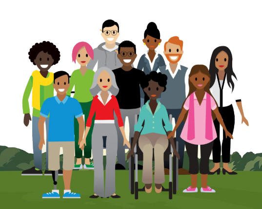 Eleven people with a range of abilities, races, genders, and ages.