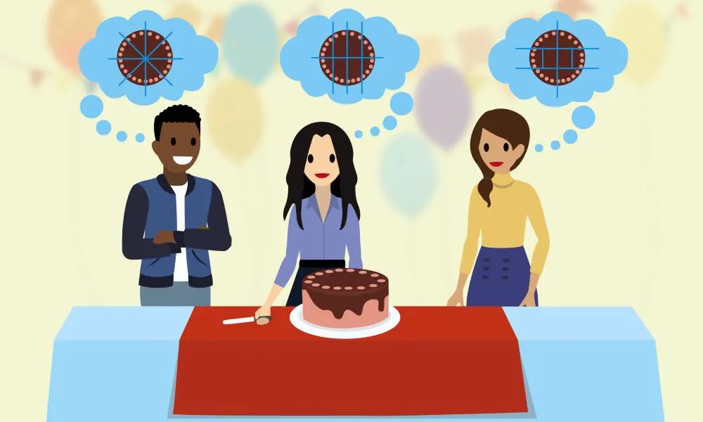 Three people envisioning different equal and fair ways to slice a cake.