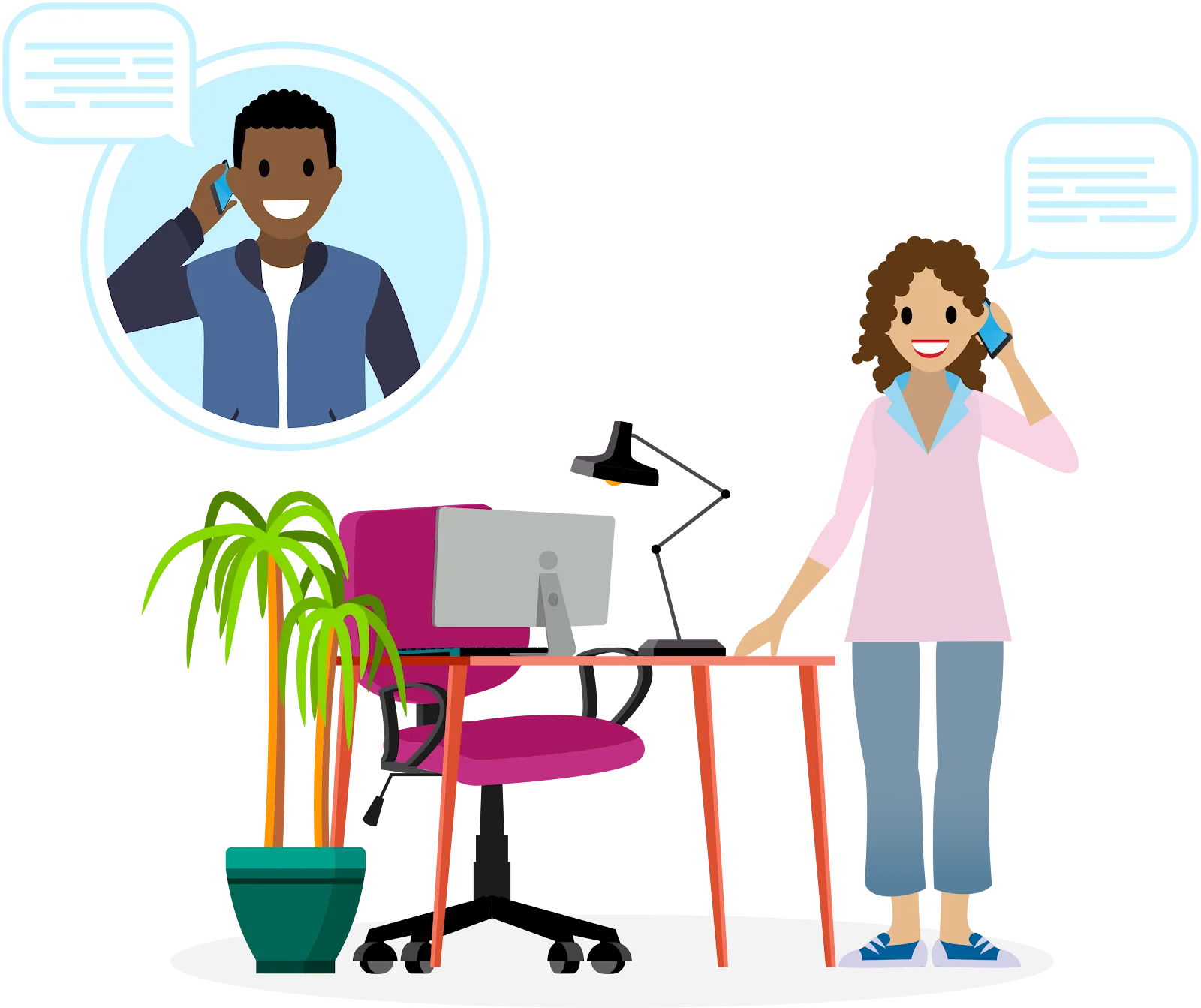 Linda on the phone and on the other end is another Salesforcelandian—they’re both smiling.