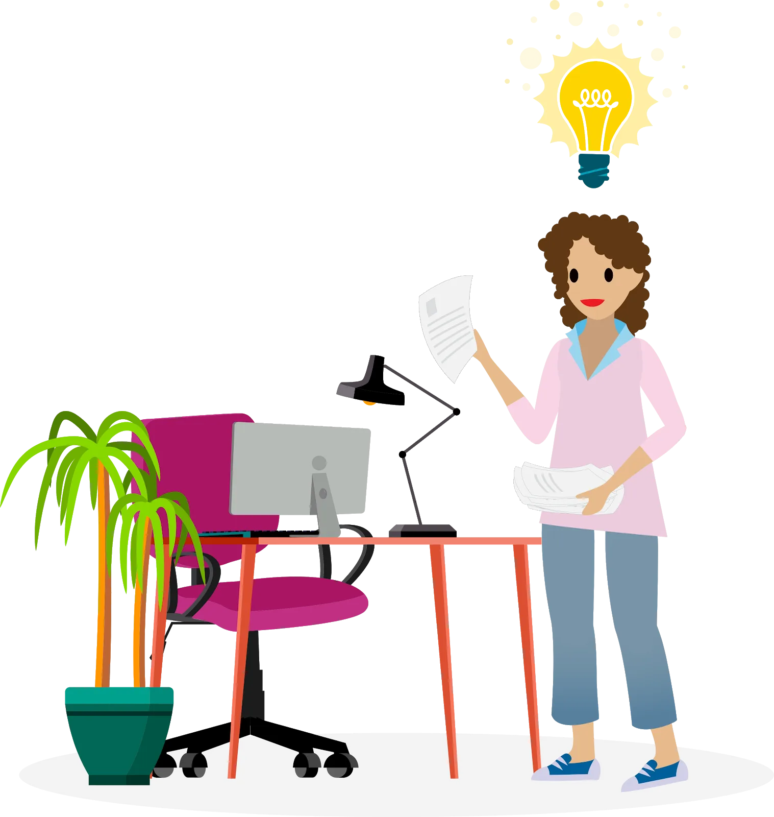 Illustration représentant Linda tenant en main plusieurs exemples de CV, avec une ampoule au-dessus de sa tête représentant l’inspiration.