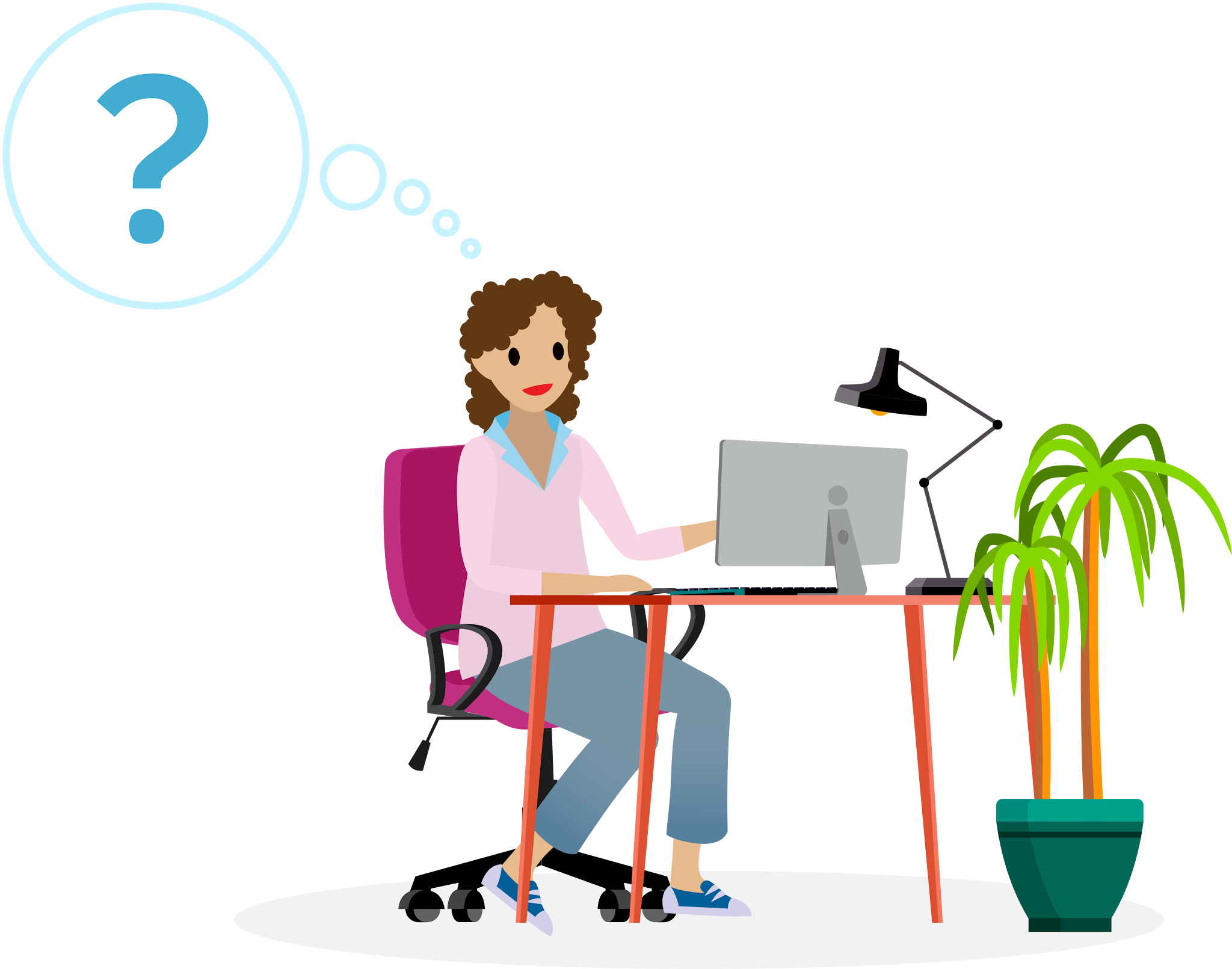 Linda in front of a computer with a thought bubble and question mark.