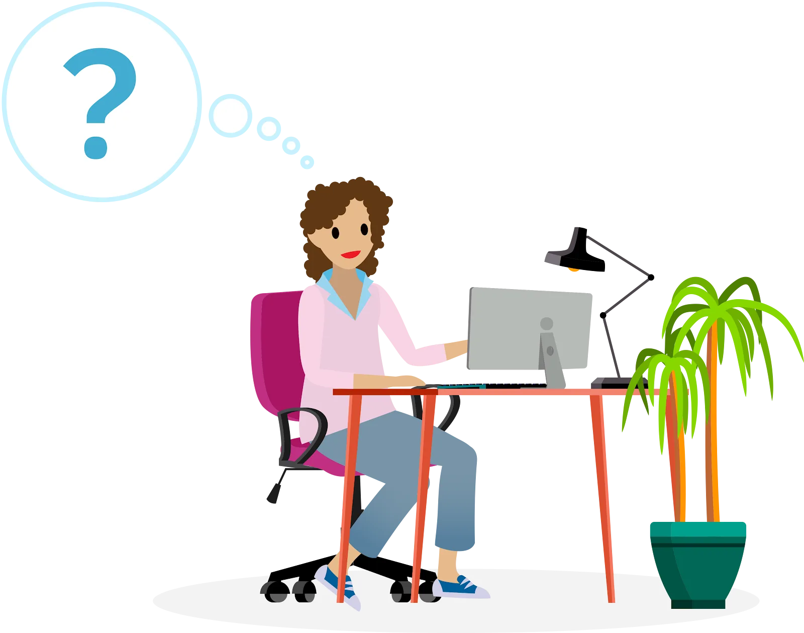 コンピューターの前に座っている Linda。頭の中にクエスチョンマークが浮かんでいます。