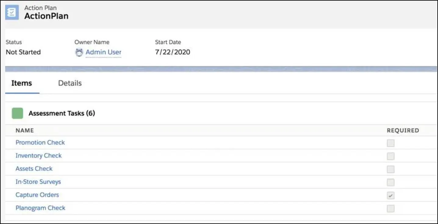 An action plan record showing assessment tasks that are part of a visit.