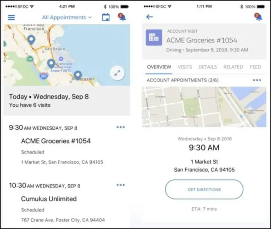 A planned route for visits in the mobile app.