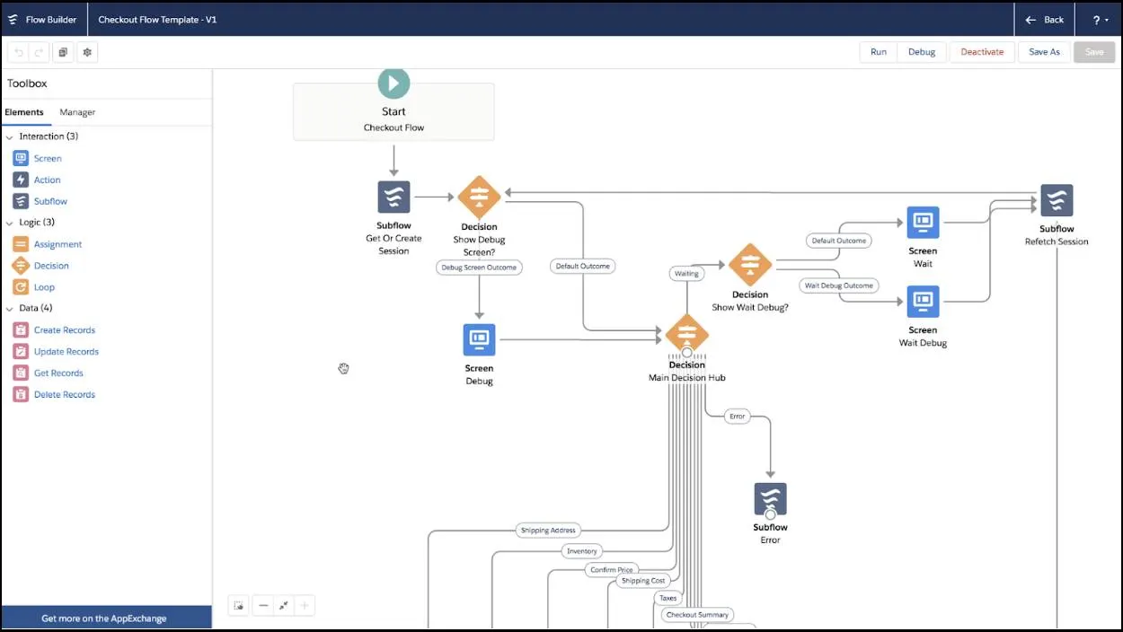 Flow Builder でリテールエグゼキューションプロセスのルールとトリガーを定義するビジネスフロー。