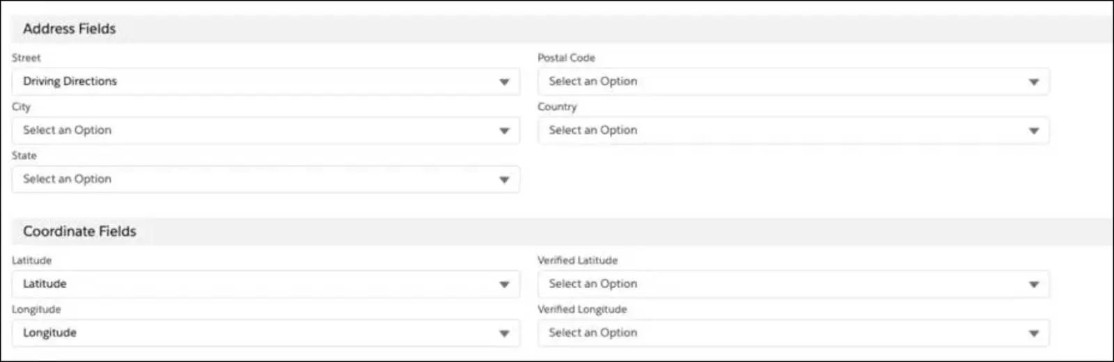 [設定] の [Salesforce Maps] セクションにある [Base Object (ベースオブジェクト)] ページの [Address Fields (住所項目)] セクション。