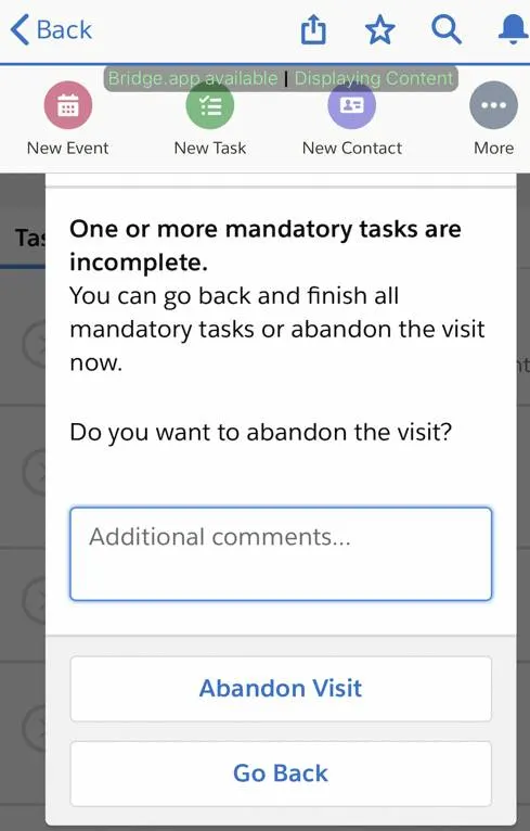 Mandatory task completion checks in the mobile application showing a comments field and abandon visit button.