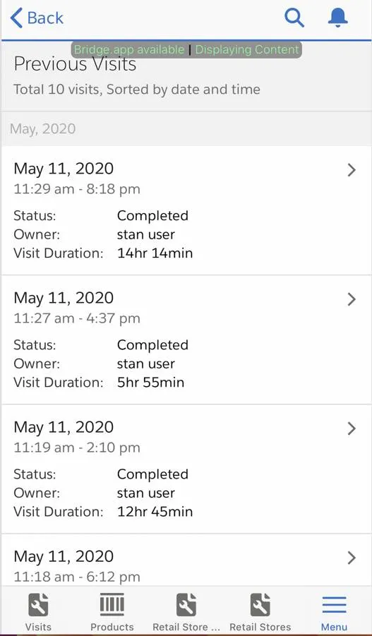 Previous Visits page in the mobile application showing date, status, owner, and visit duration.