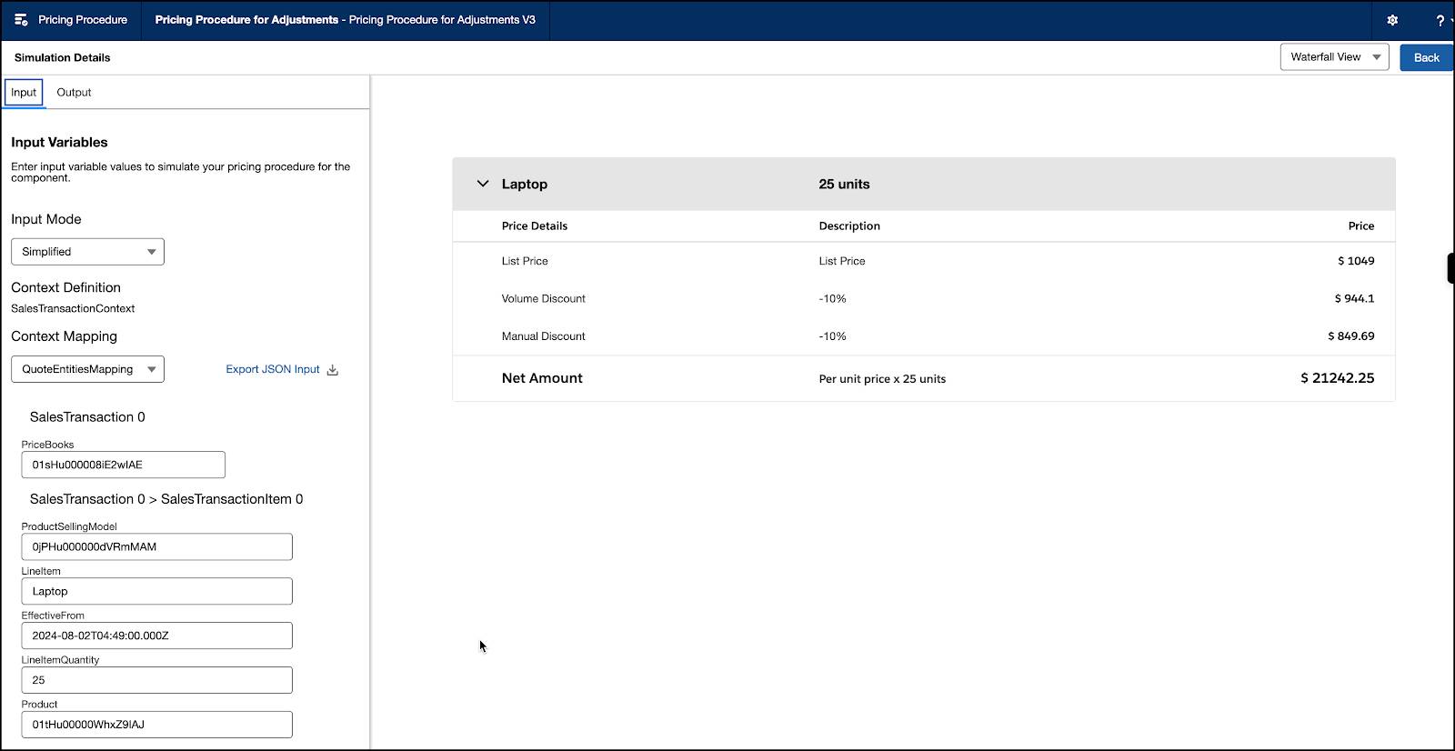 入力値と結果の価格ウォーターフォールが表示されている価格設定手順シミュレーション。