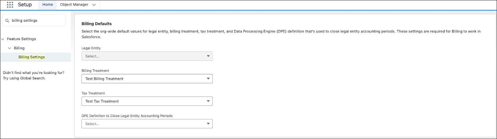 Billing Defaults settings.
