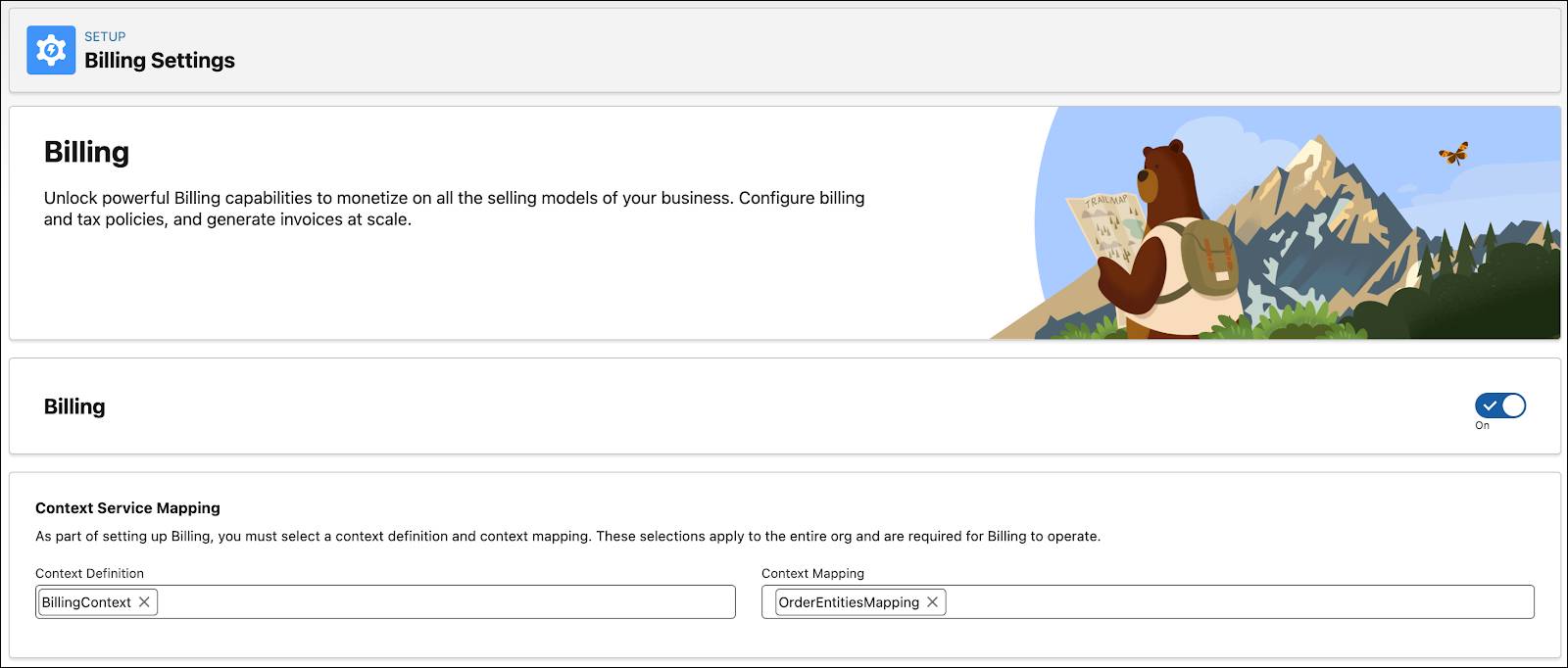 請求設定におけるコンテキストサービスマッピングとコンテキストマッピング。