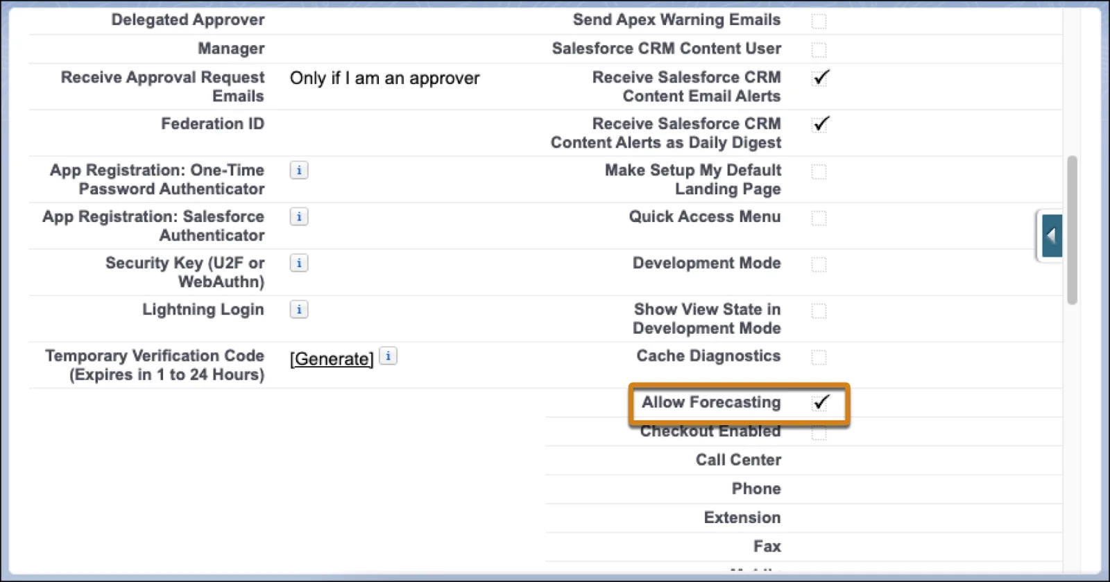 A section of the user settings screen with Allow Forecasting selected.