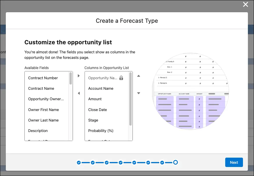 The Create a Forecast Type dialogue showing customization of the opportunity list for the forecast type.