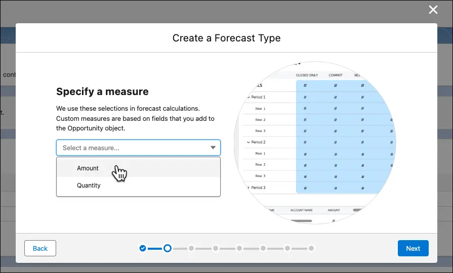 The Create a Forecast Type dialogue showing the selection of a field from the Opportunity object to use as the measure in forecast calculations.