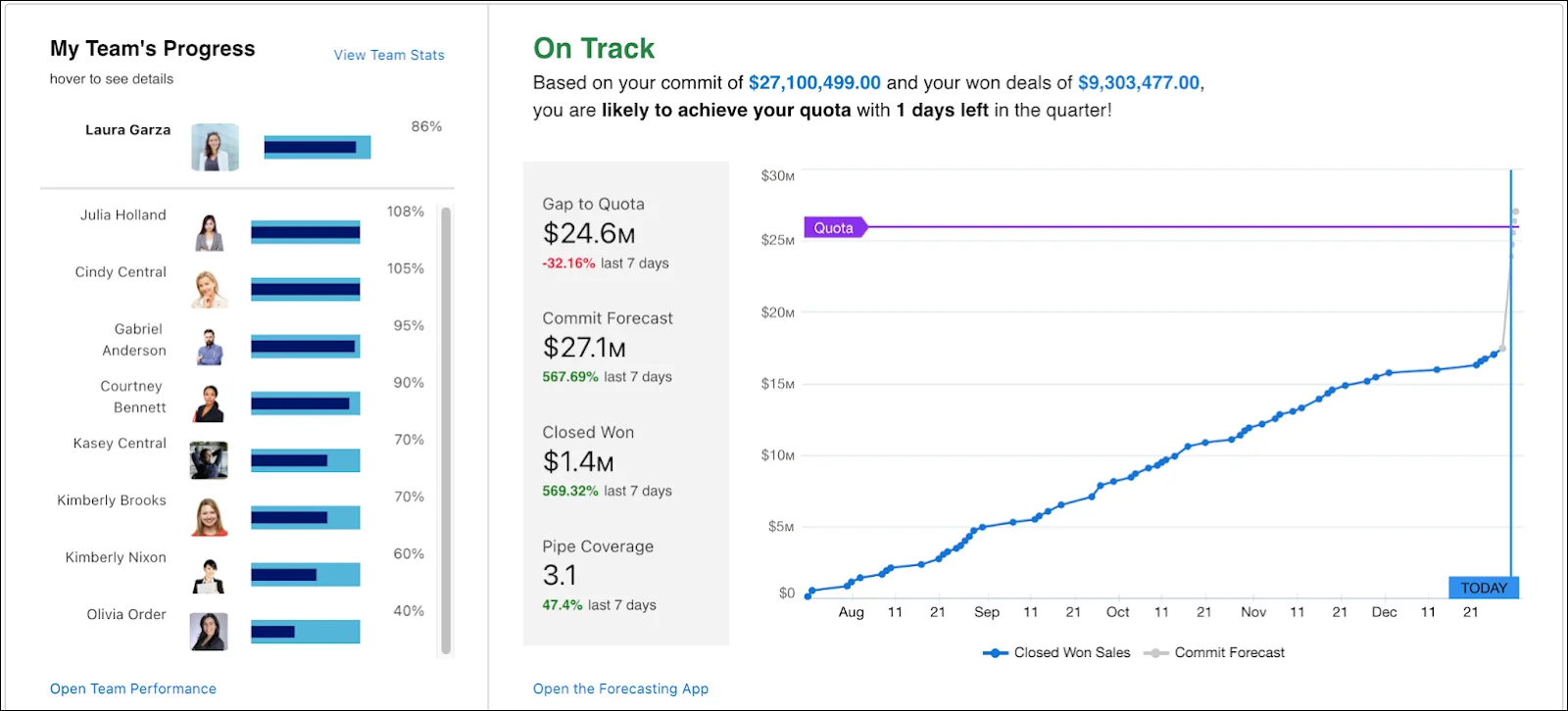 The Revenue Insights overview tab showing performance against quota.