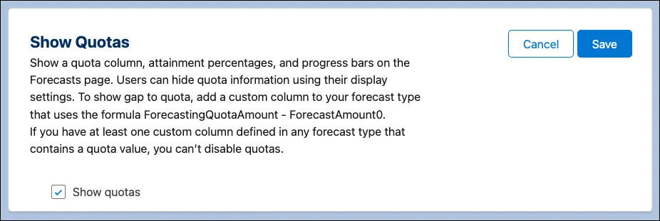 The show quotas settings with the checkbox to turn on the display of quotas checked.