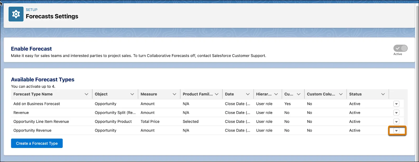 The Forecast Settings page with the dropdown arrow you use to activate a forecast type highlighted.