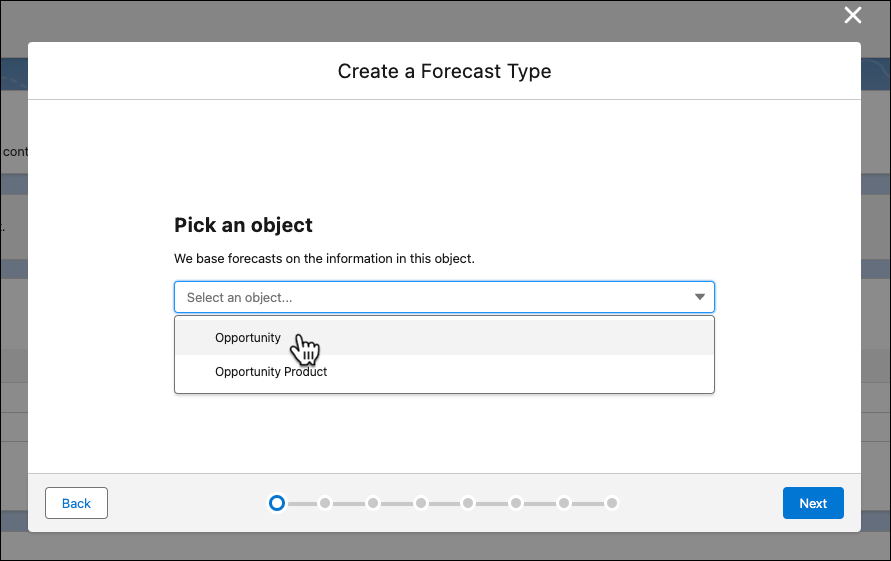The Create a Forecast Type dialogue with object selection dropdown open.