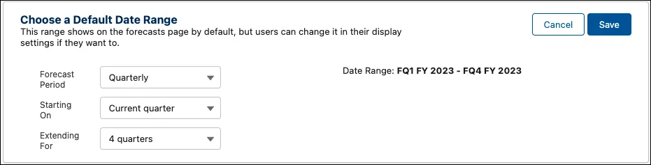 The Choose a Default Date Range settings with options to set the forecast period, when it starts, and how far reporting extends.