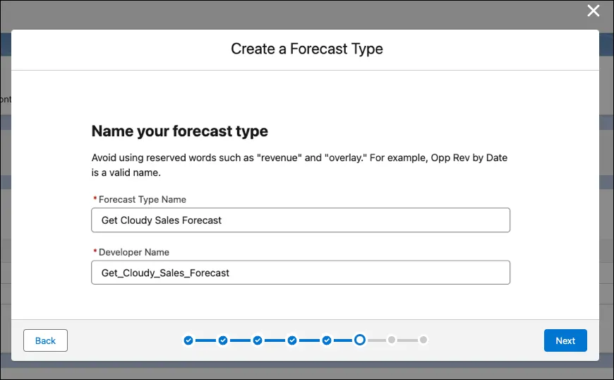 Cuadro de diálogo Create a Forecast Type (Crear un tipo de pronóstico) con el nombre del tipo de pronóstico y el nombre del desarrollador.
