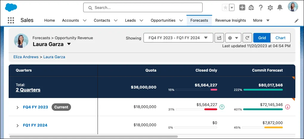 The Forecast tab with the additional quota column and progress bars for forecast categories.