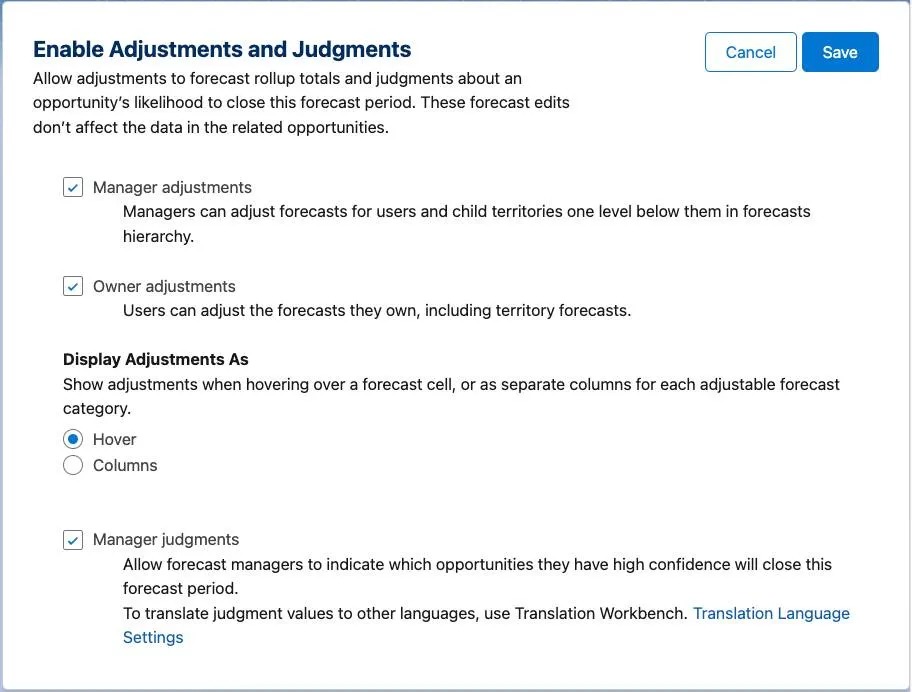 The Enable adjustments and judgments dialogue with the three checkboxes to enable manager adjustments, owner adjustments, and manager judgment.