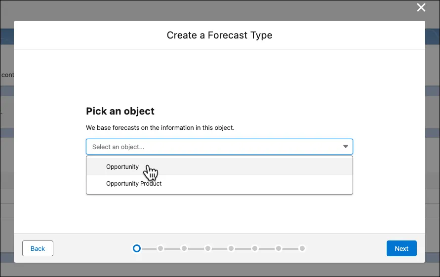 La boîte de dialogue Create a Forecast Type (Créer un type de prévision) avec la liste déroulante de sélection d’objet ouverte.