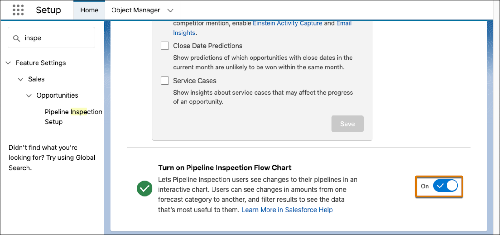 The Pipeline Inspection Setup with the Turn on Pipeline Inspection Flow Chart option on.