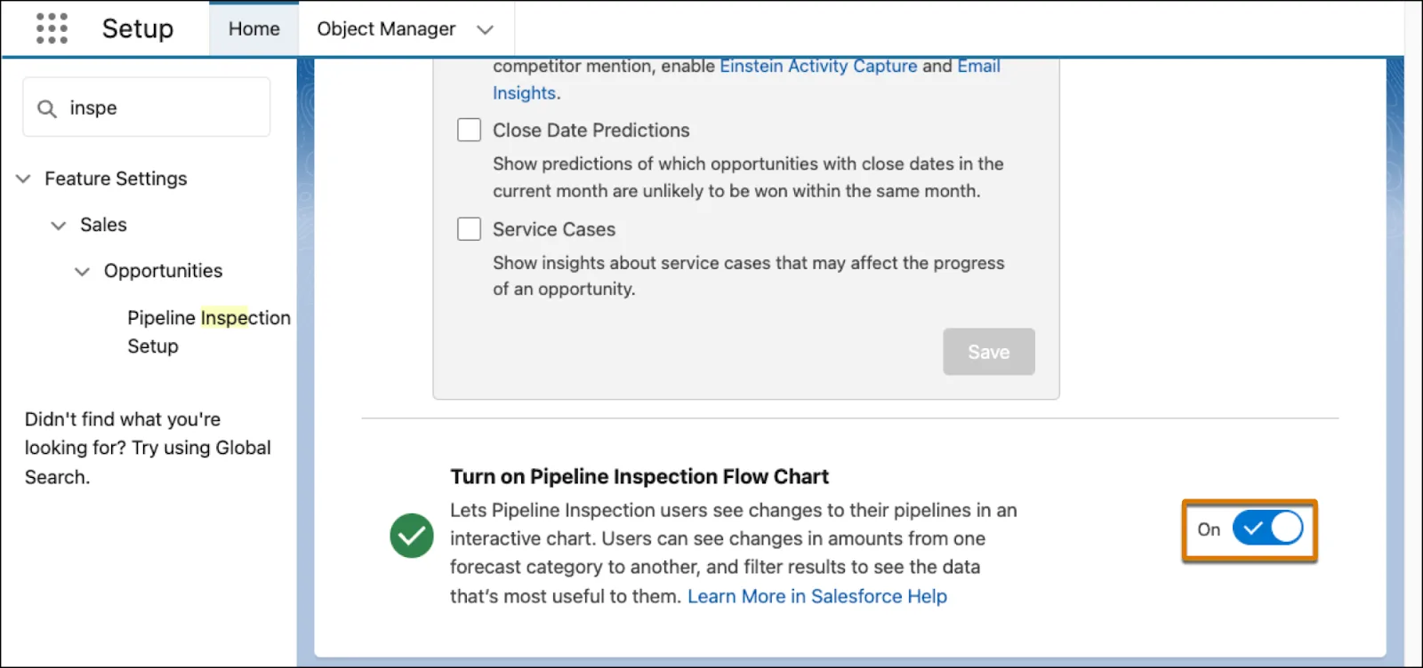 The Pipeline Inspection Setup with the Turn on Pipeline Inspection Flow Chart option on.