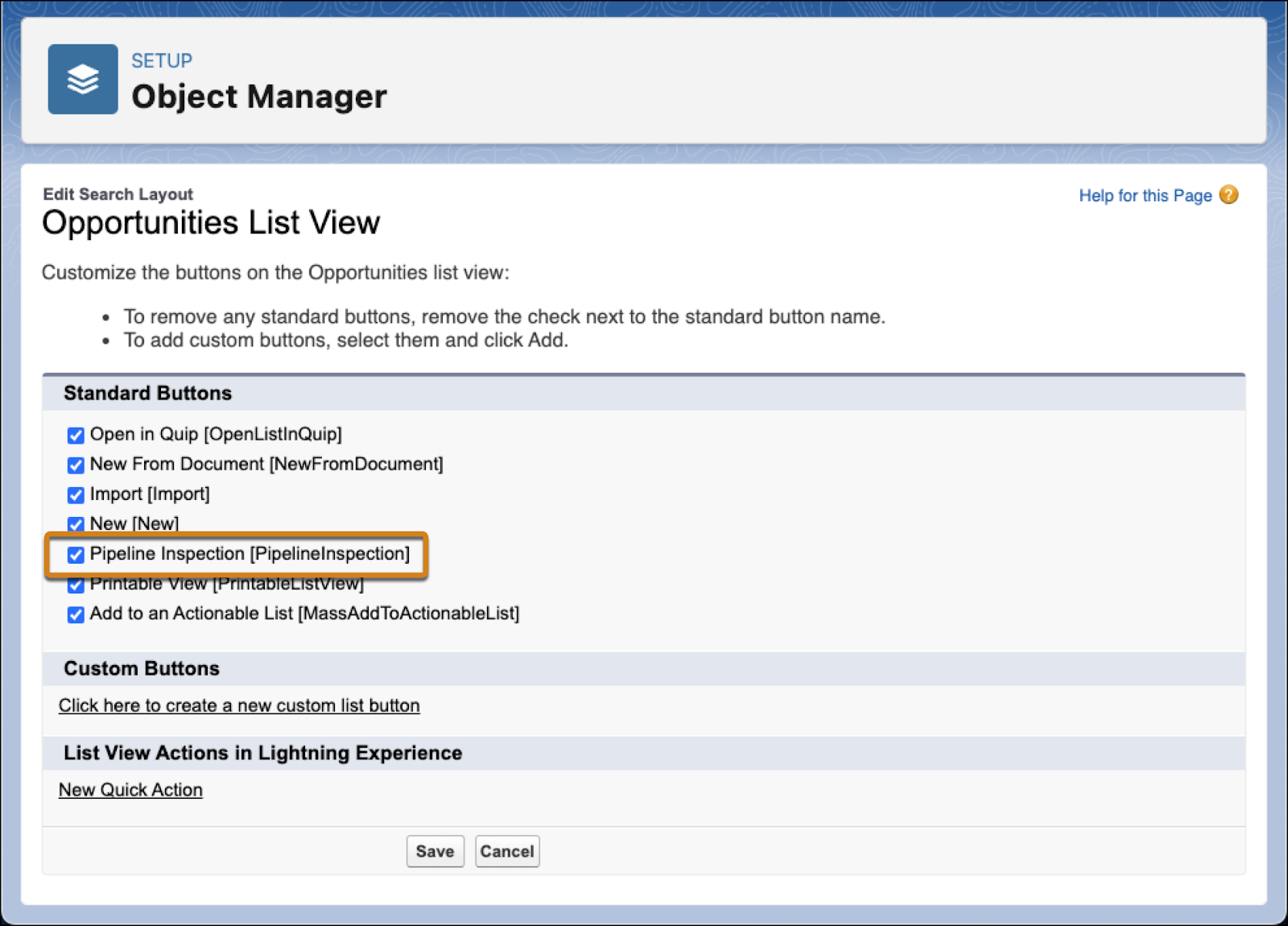 The Opportunity List View page with the Pipeline Inspection option ticked.