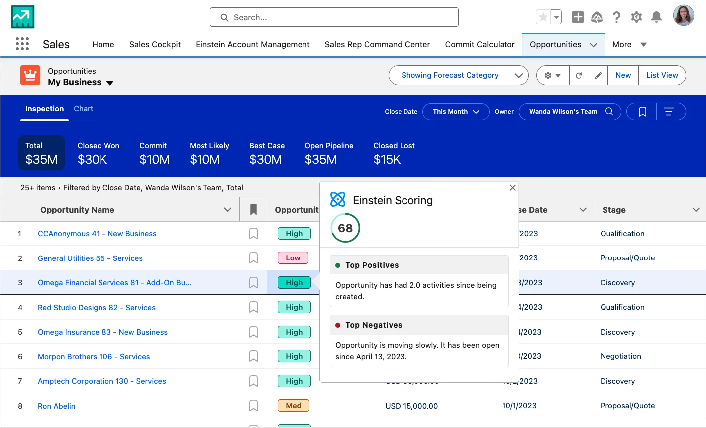 The Opportunity list showing an item with an Einstein score including the reasons for scoring.