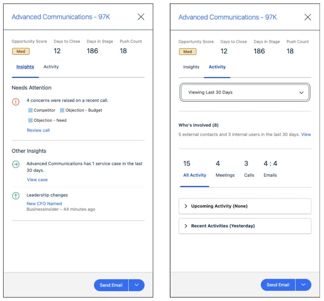 Examples of the Einstein Deal InsightsSide panels. The left image shows examples of insights and the right image shows examples of activities.