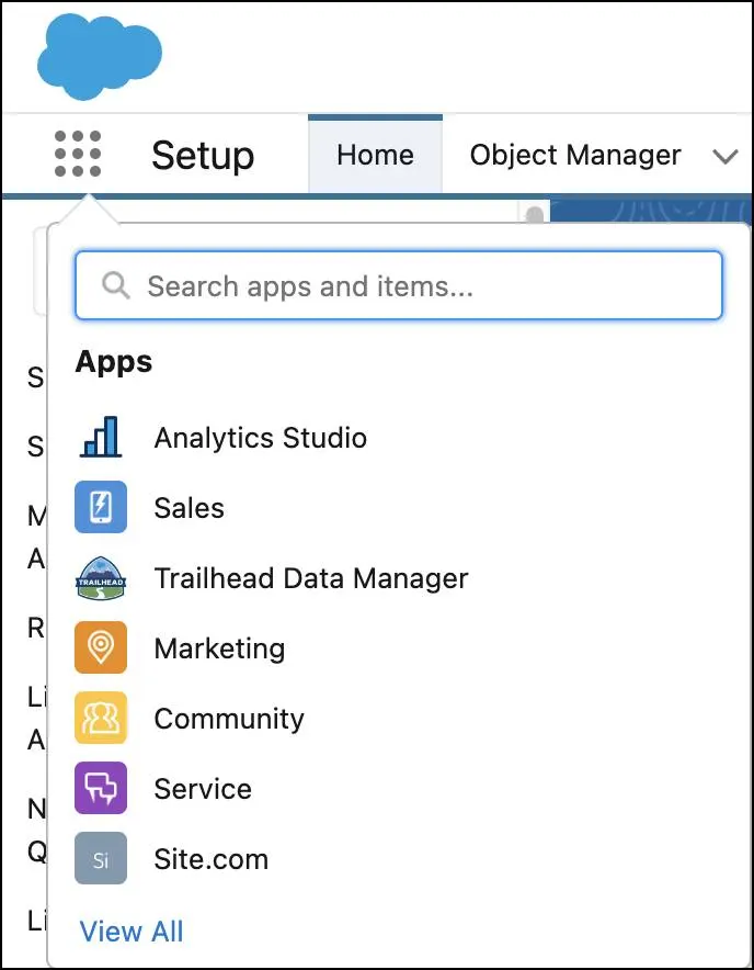 The app launcher with the Analytics Studio link.