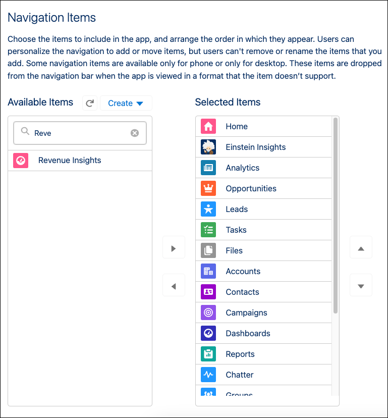 The Navigation Items dialogue with Revenue Insights as an item available to be selected.
