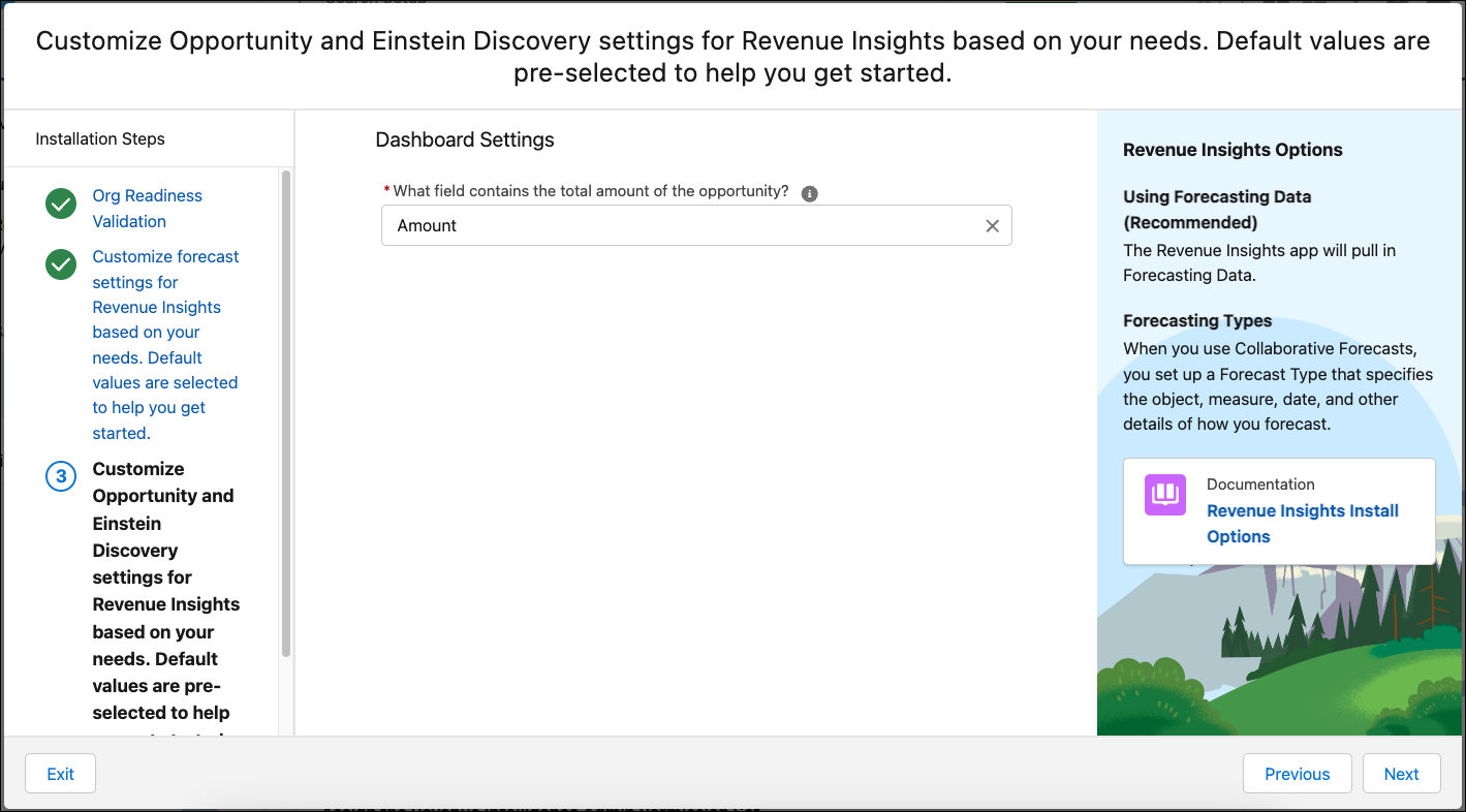 The options to customize the dashboard in the revenue insights app wizard.