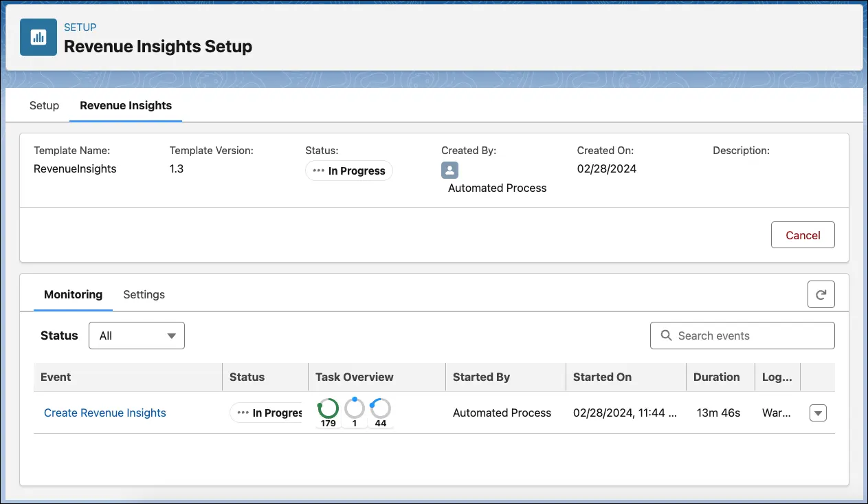 The Revenue Insights app tab showing summary information about the app and tabs for monitoring and setting details. The monitoring tab shows details of the app creation progress.