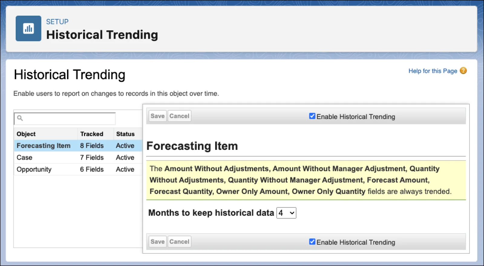 The Historical Trending setup page with the Forecast Item selected.