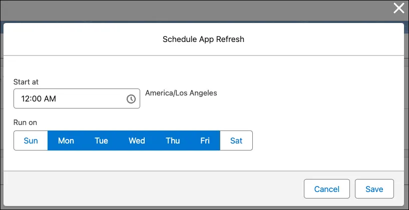 Cuadro de diálogo Schedule App Refresh (Programar la actualización de la aplicación) que muestra la aplicación configurada para que se actualice a las 12 de la mañana los días entre semana.