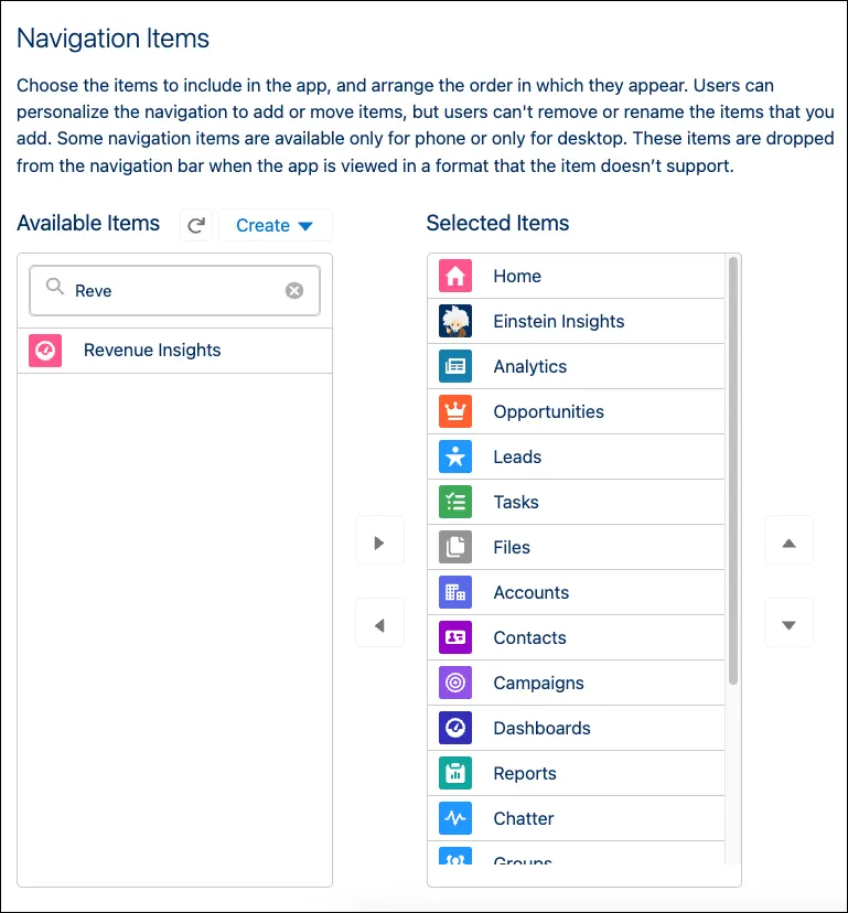 Cuadro de diálogo Navigation Items (Elementos de navegación) con Revenue Insights como elemento disponible para poder seleccionarlo.