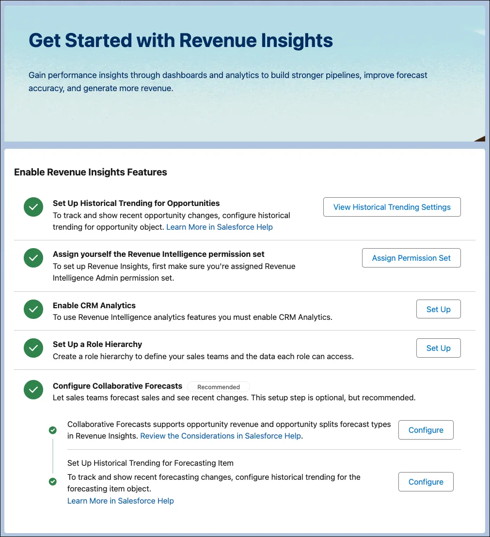 The Get Started with Revenue Insight setup page showing that many settings are turned on.