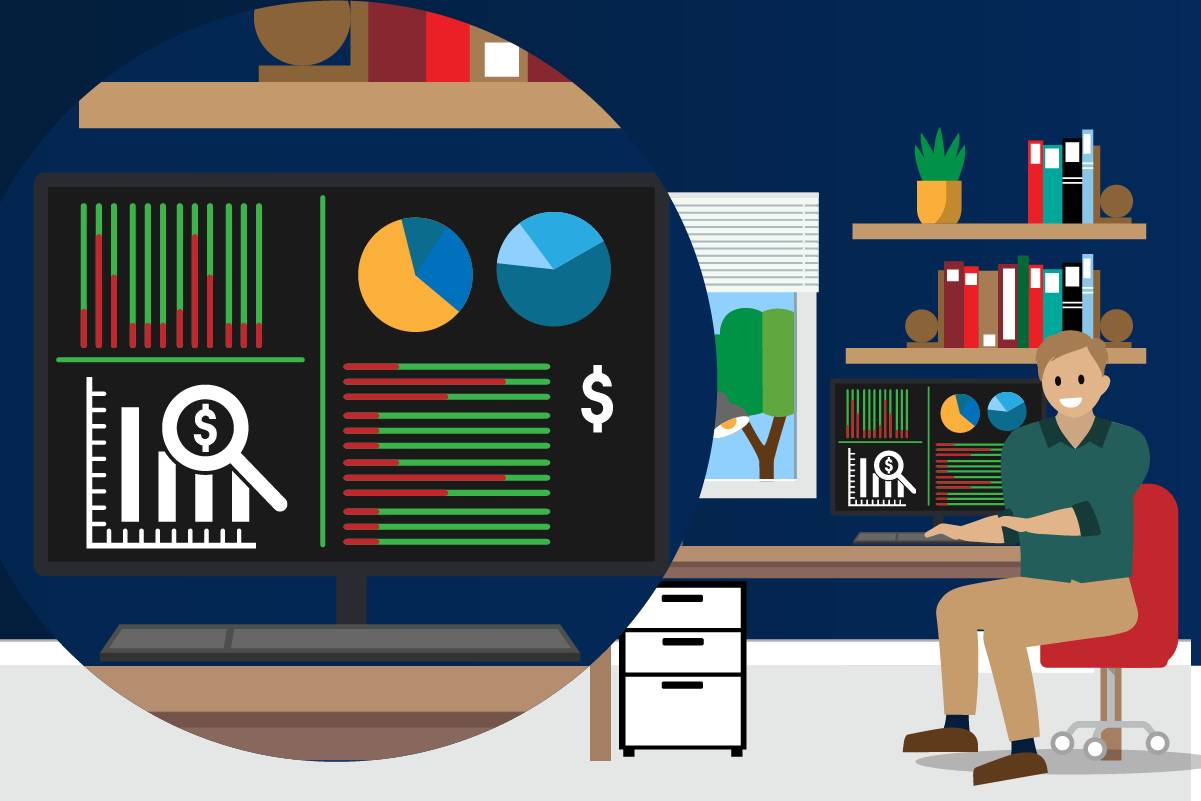 Sean sits at his computer, filling out the cost analysis, with graphs and dollar signs on his laptop screen.