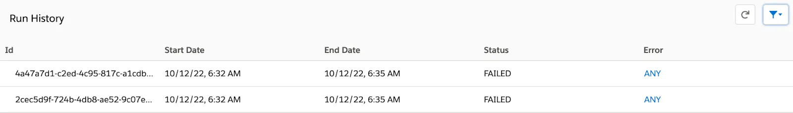 Run history of a flow showing Id, Start Date, End Date, Status, and error information of two failed instances.