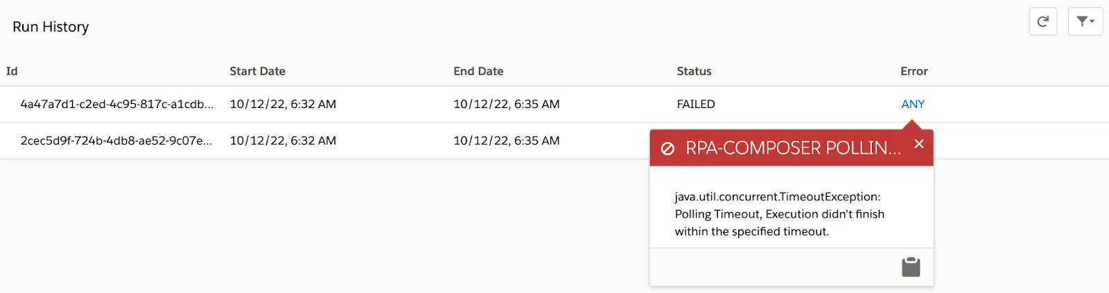 Error information of a failed instance showing a polling timeout.