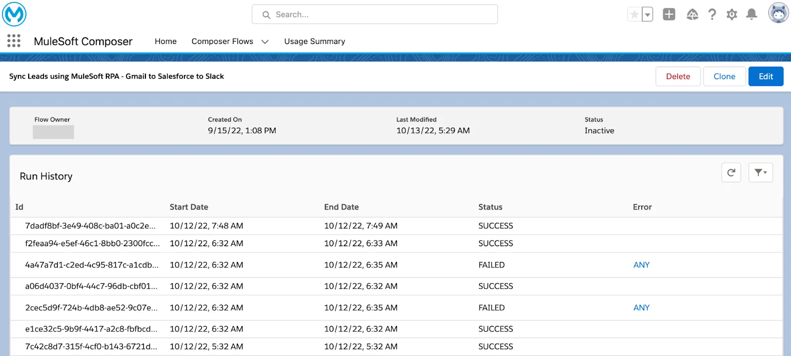 Run history of a flow showing Id, Start Date, End Date, and Status, and error information of seven instances.