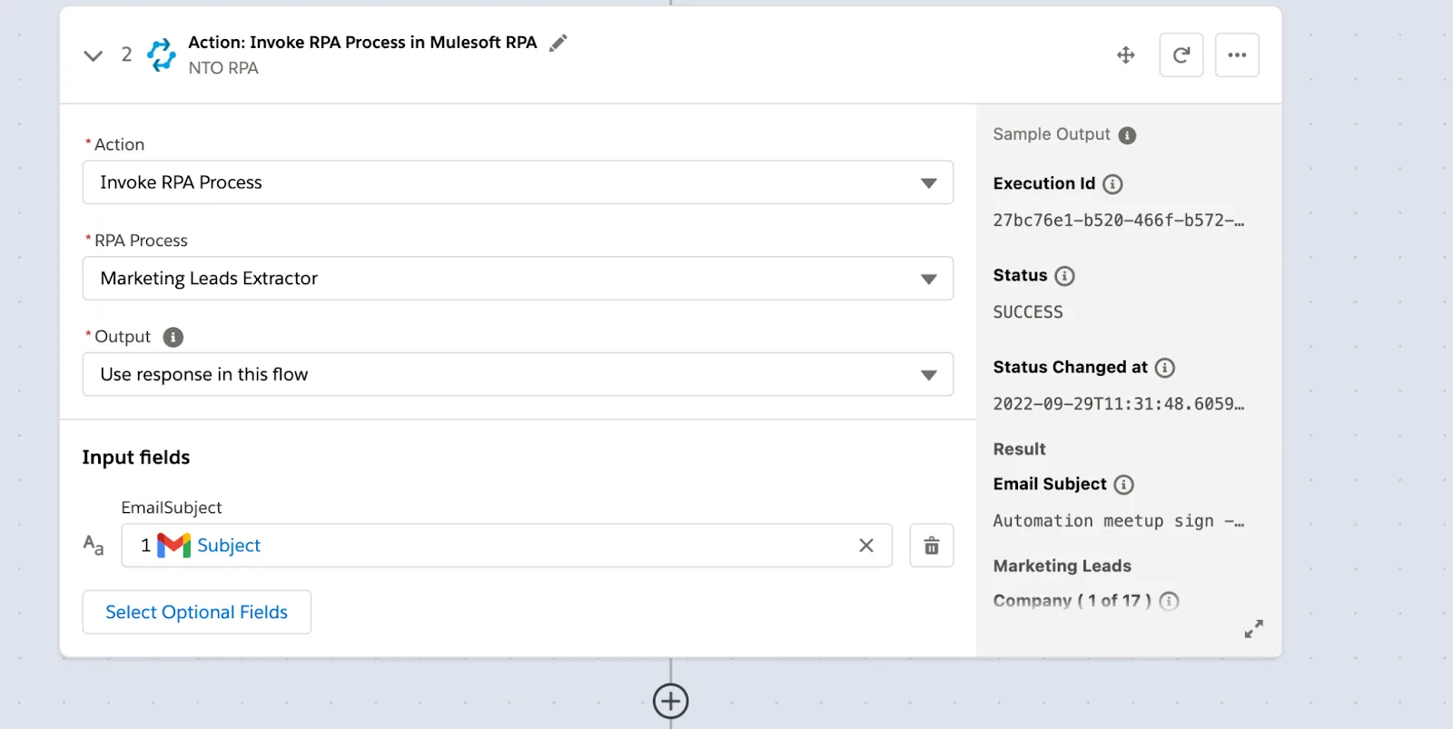 Step 2 of flow to invoke Marketing Leads Extractor RPA process with Subject field from step 1 of flow as input and response from RPA process as output to be used in this flow.