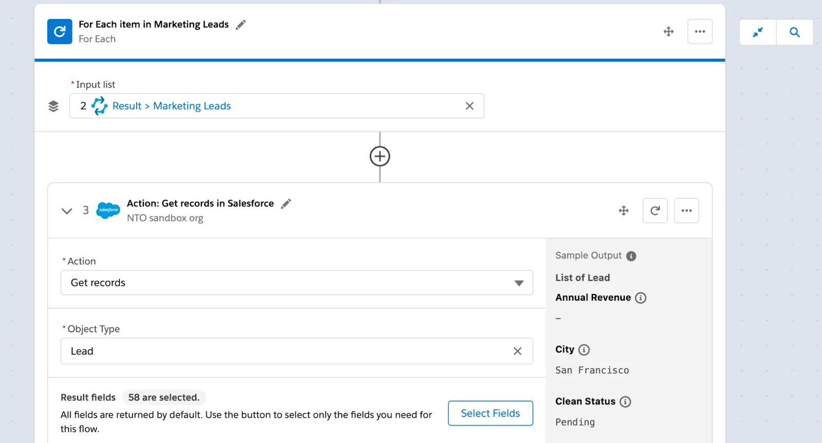 For Each block to iterate over list of leads and Step 3 of flow to get all leads with specified conditions.