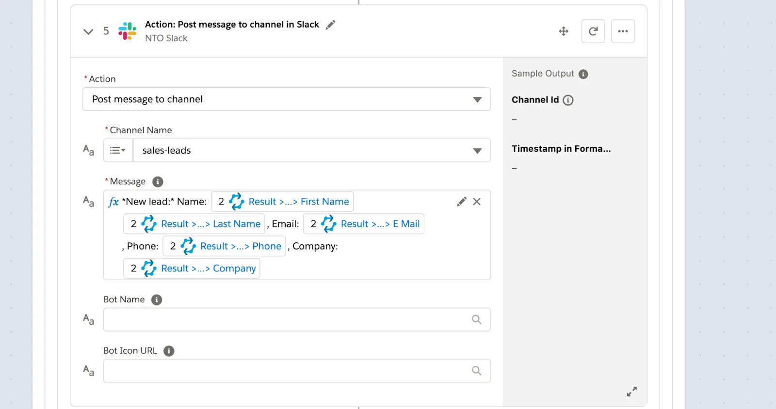 Step 5 of flow within If branch posting message containing first name, last name, email, phone, and company from the extracted lead in step 2 of flow to sales-leads Slack channel.